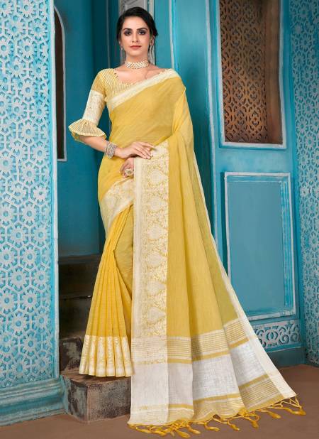 Yellow Colour ASHIKA HAKOBA Stylish Festive Wear Fancy Cotton Linen With Resham Border Designer Saree Collection H 09